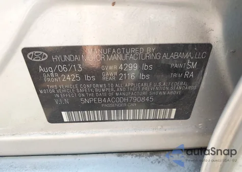 2013 Hyundai Sonata Gls z USA, uszkodzony, nr VIN 5NPEB4AC0DH790845